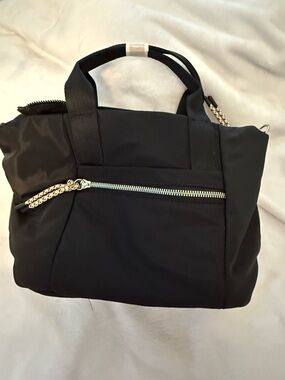 Black Women's Nylon Tote Bag with Front Zip Pocket long strap as crossbody also